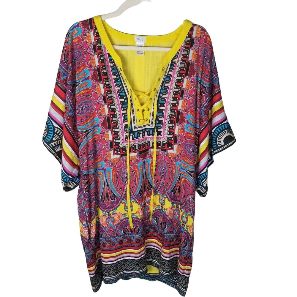 Cache Womens Silk Aztec Tunic Dress Size M Oversized Artsy Boho Lace Up Kaftan